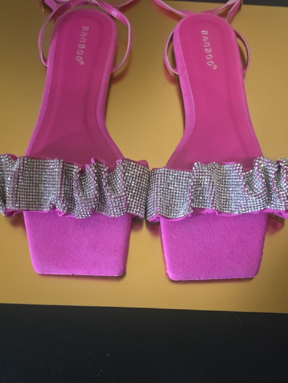 Bamboo Bright Pink Ruffle Crystal Ankle-Strap Sandals